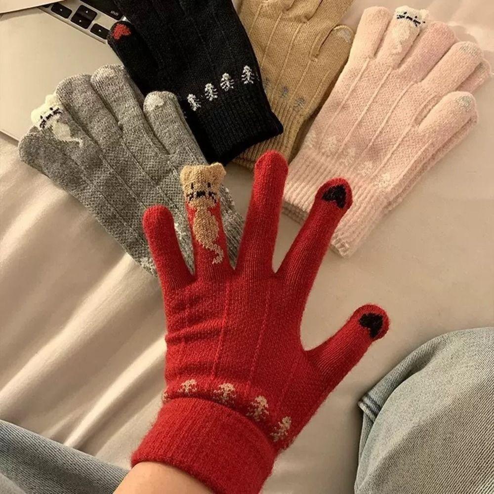 Warm Lining Winter Thermal Gloves Kitty Pattern Full Finger Gloves Nylon Knit Gloves Daily Wear