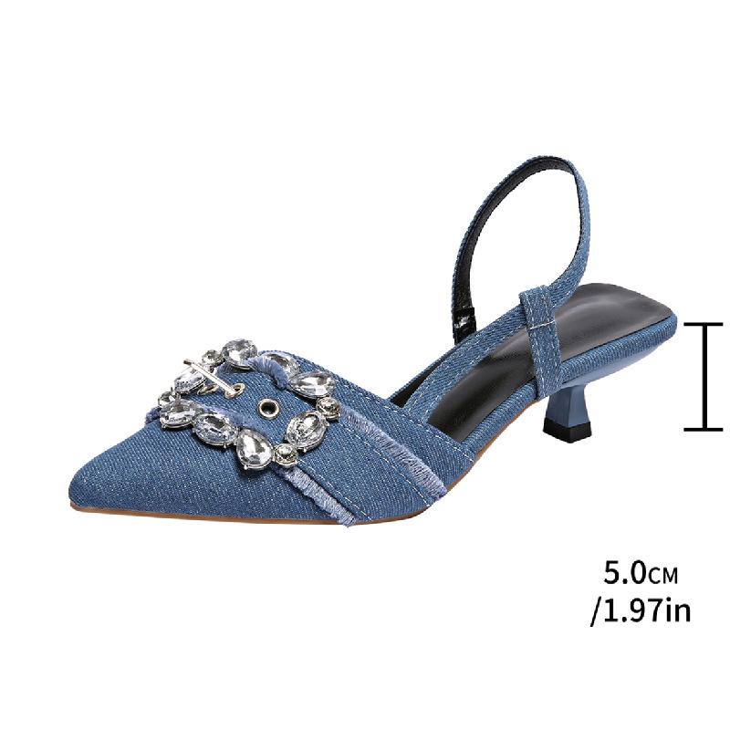 Новые летние туфли-лодочки на тонком каблуке, женские туфли, элегантные туфли с острым носком и стразами из денима в сочетании с босоножками на высоком каблуке, женские туфли-лодочки на высоком каблуке
