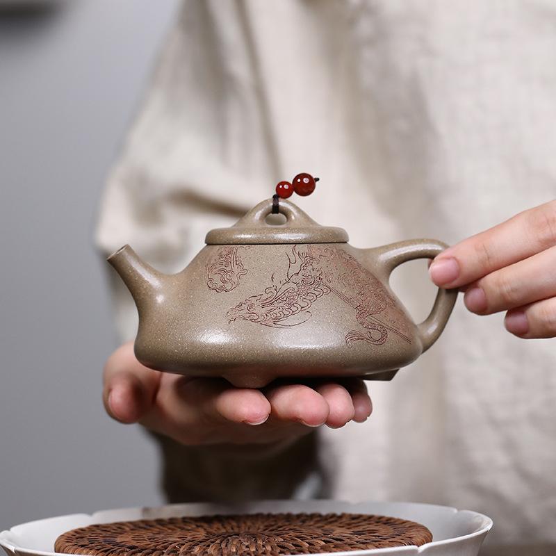 190ml Yixing Purple Clay Teapots Handmade Stone Scoop Pot Raw Ore Green Section Mud Tea Maker Kettle With Strainer Zisha Tea Set
