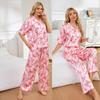 Женские атласные пижамы, спальные костюмы, принтованные рубашки с короткими рукавами и длинными брюками, комплект из 2 предметов, имитация шелка, одежда для сна и отдыха
