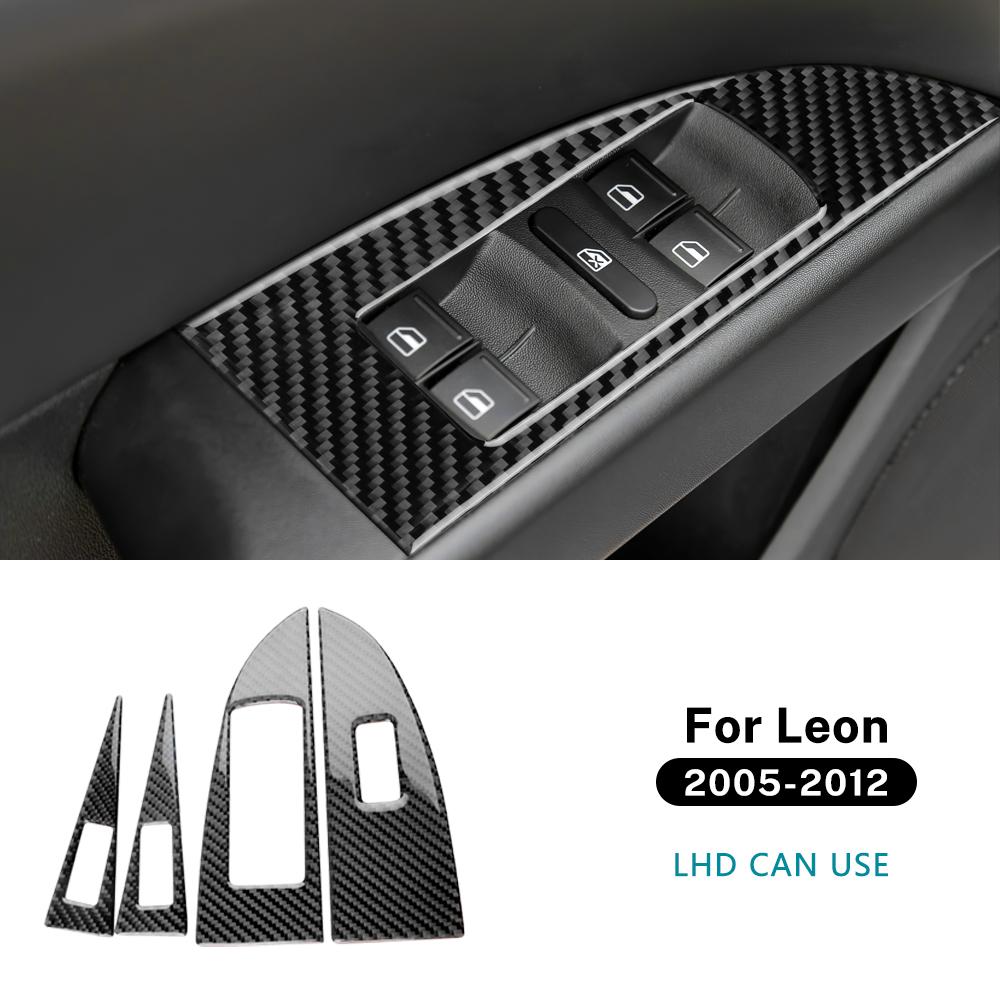 Real Soft Carbon Fiber For Seat Leon 2005 2006 2007 2008 2009 2010 2011 2012 Car 4-Door Window Button Panel Sticker Accessories