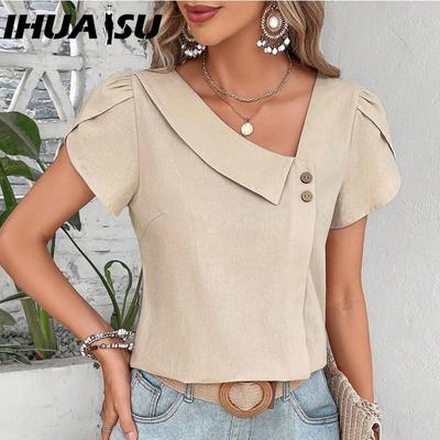 Женский летний топ из хлопка с небольшим диагональным воротником, однотонный, стираный