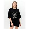 Oversized T Shirt Black Bow Print With Stars And Text Graphic Tee For Casual Wear