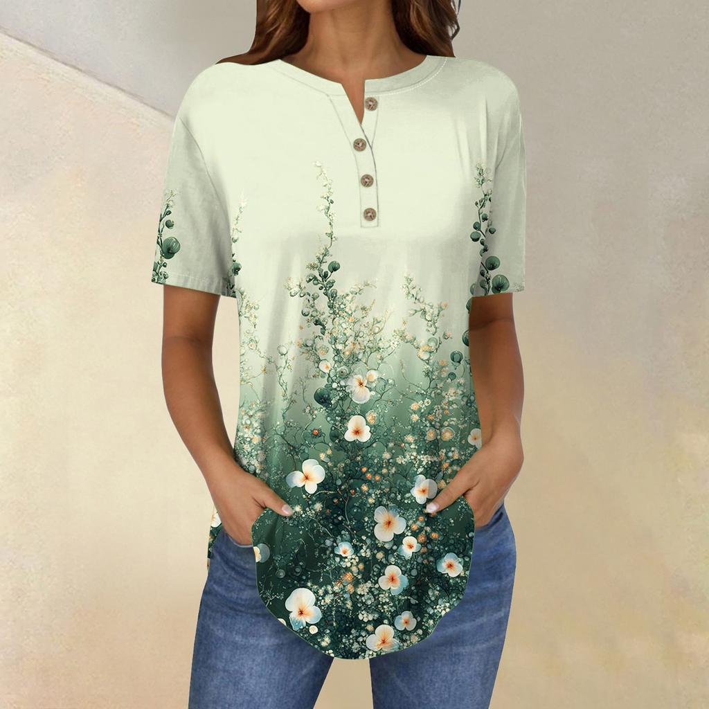 Short Sleeve Womens Tops Summer T-Shirts Floral Print V Neck Casual Basic Tee Button Shirts Tunic Tops