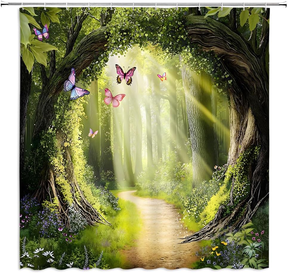 Enchanted Forest Shower Curtain Fantasy Green Nature Tree Floral Butterfly Fairytale Wonderland Jungle Rainforest Natural