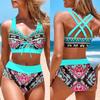 Women's Neck Hanging Swimsuit with Wave Print Bikini Short Tank Top Swimsuit
