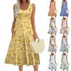 Women's Fashion Round Neck Sleeveless Pleated Beach Dress With Pockets Long Floral Dresses