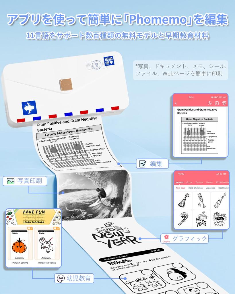 Портативный термосмартфон Phomemo M04AS, совместимый с термобумагой, с функцией Bluetooth-наклейки для заметок, идеально подходит для: Поставляется с 1 рулоном 110 мм