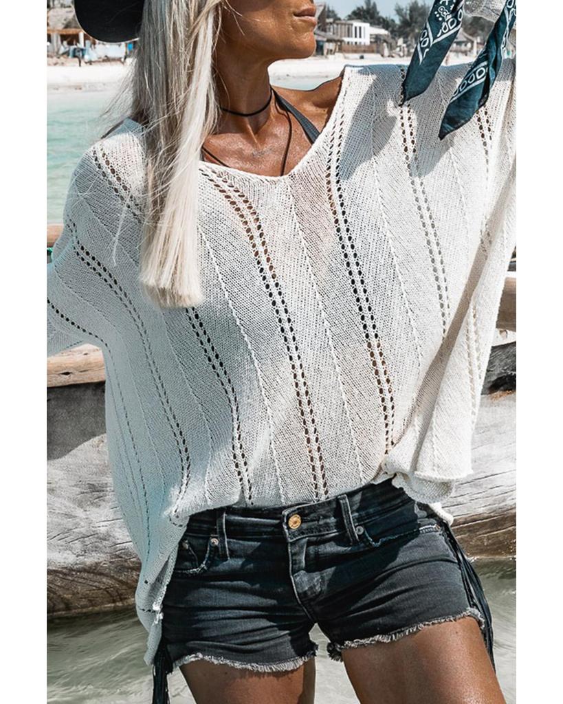 Azura Exchange Белый вязаный свободный свитер с V-образным вырезом и ажурными деталями