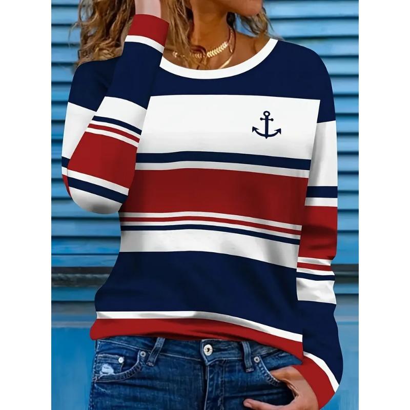Весенне-летняя женская футболка с круглым вырезом, длинными рукавами, в полоску, в повседневном стиле, простая и элегантная