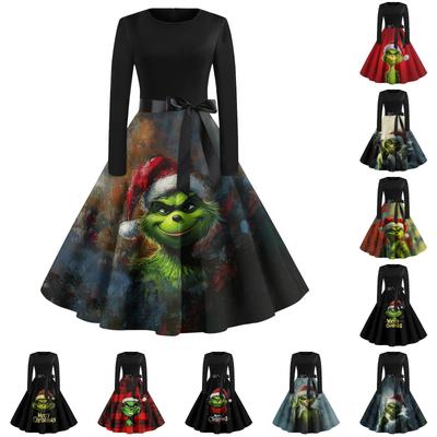 Женское повседневное модное платье с длинным рукавом и принтом, вечернее повседневное платье с круглым вырезом