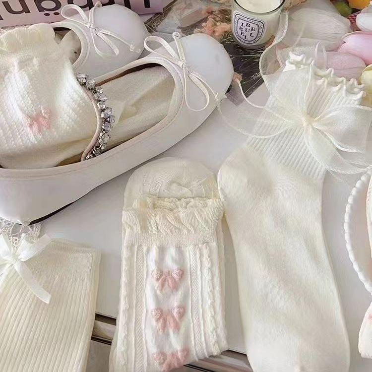 Women's Spring-Summer Ballet Bow Socks - Mid-Calf, Thin Slouch, White JK Style