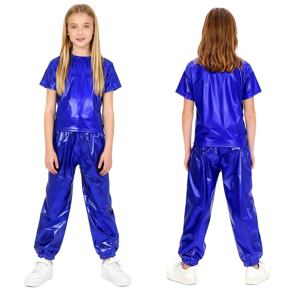 Children Stage Performance Outfit Kids Dance Party Costume Set Metallic Shiny T Shirt with Pants Unisex Ballet Jazz Wear