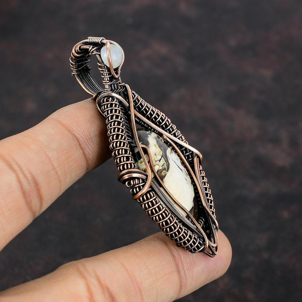 Peanut Wood Jasper Copper Wire Wrapped Pendant Rainbow Moonstone Pendant Gemstone Jewelry Gift For Wife Copper Wire Jewelry Handmade Pendant