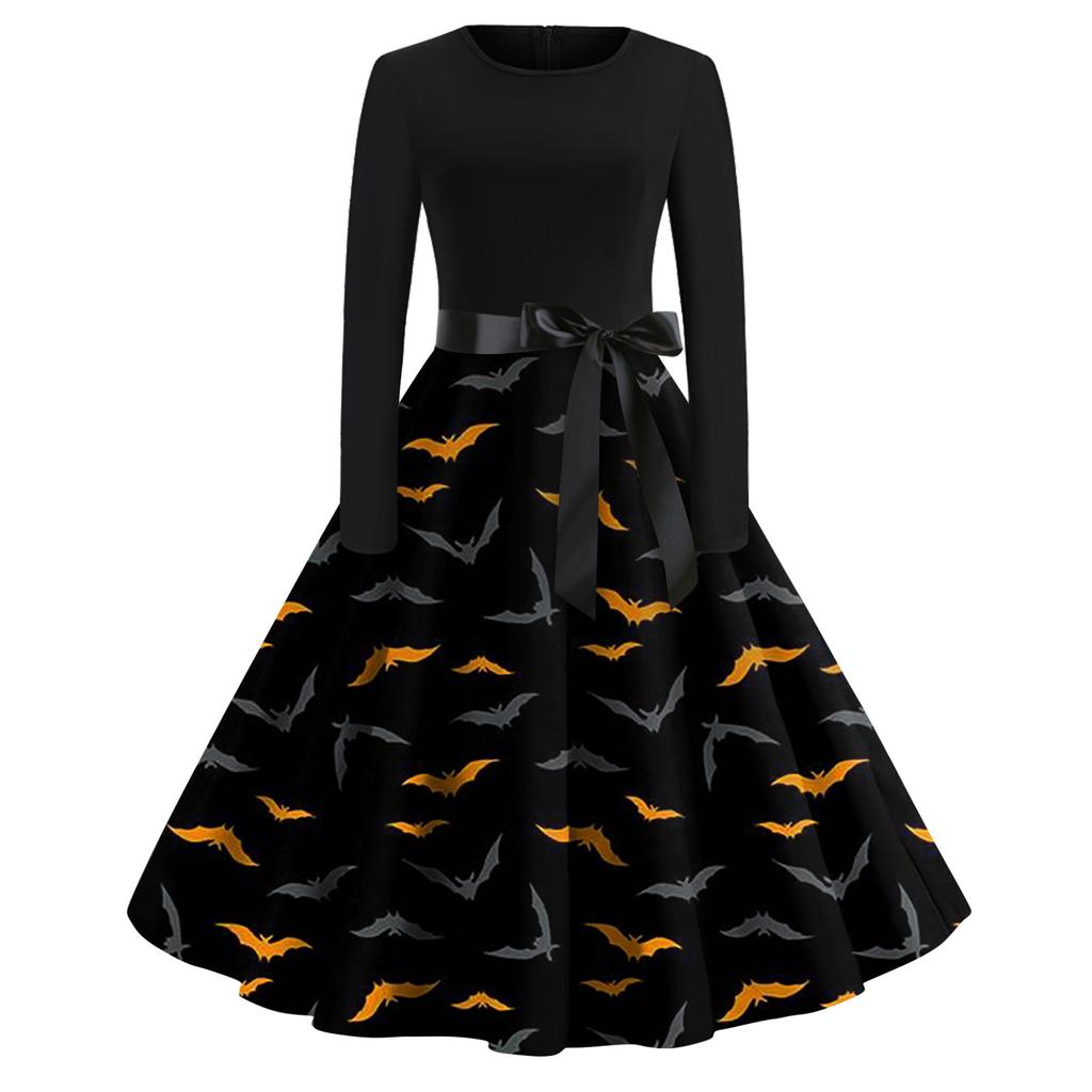 Women's Fashion Round Neck Casual Slim Fit Halloween Printed Long Sleeve Dress