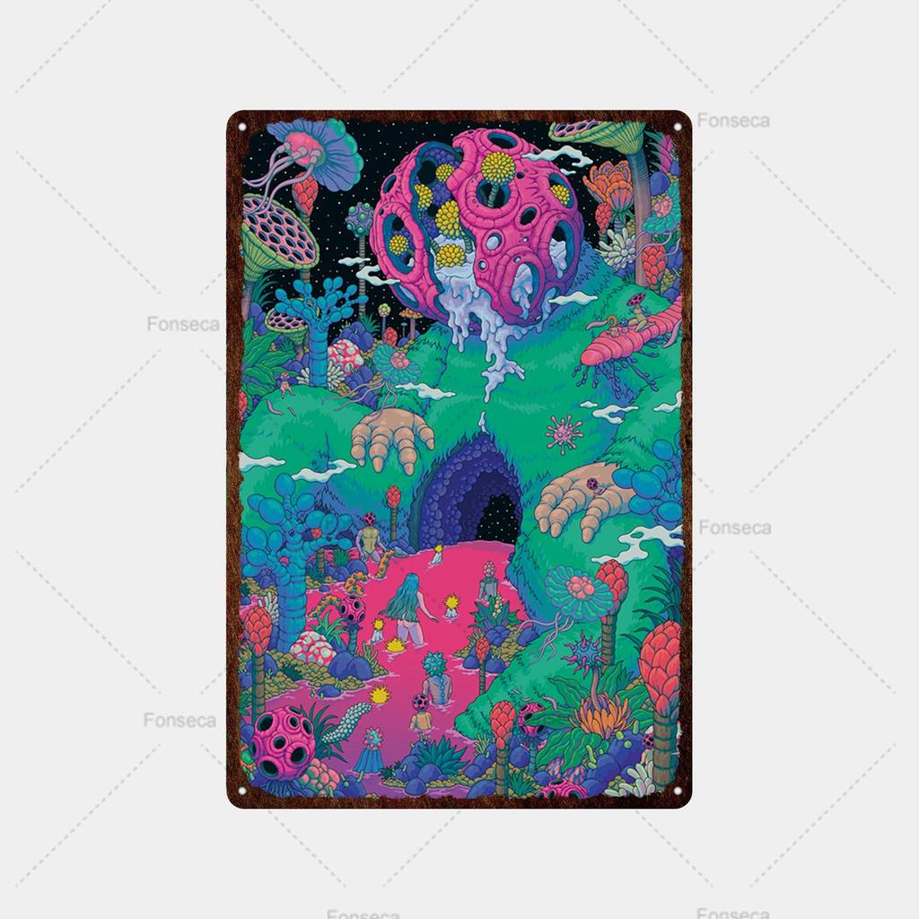 Цветная странная планета, металлическая вывеска, ретро жестяная вывеска, металлический ретро-бар, ретро украшение стены, бар, клуб, человек, отверстие, металлический плакат