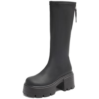 Мода Модные нескользящие водонепроницаемые высокие сапоги женские новые зимние сапоги 2024 года из искусственной кожи на молнии до колена женские длинные сапоги на толстой платформе