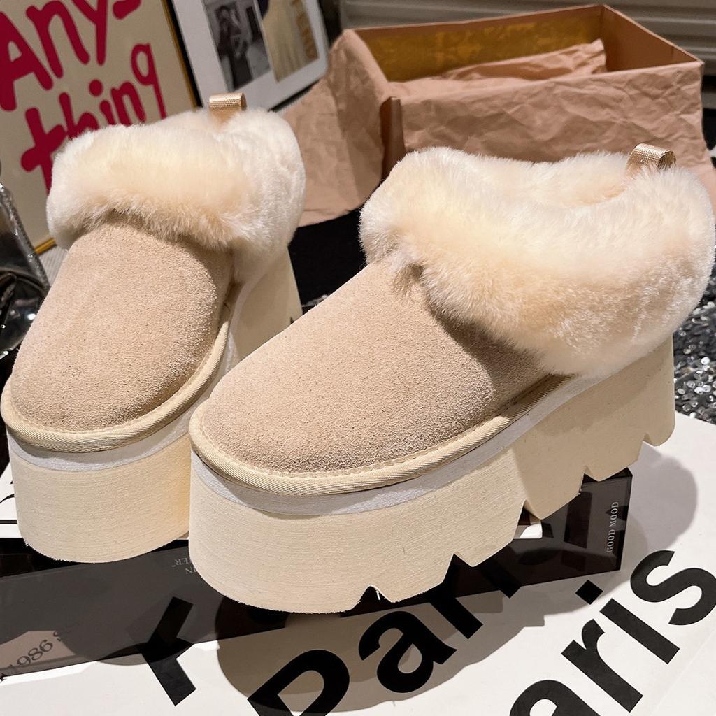 Кожаная шерстяная шерстяная обувь платформа маффин маленький человек 7 снежные хлопковые сапоги одна педаль полутапочки женская обувь прилив