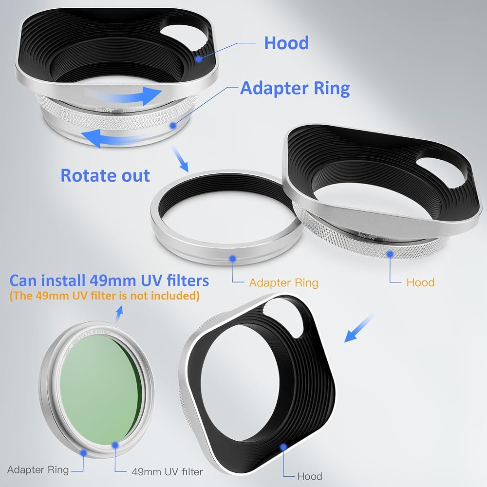 Haoge LH-ES3 Square Metal Lens Hood, Hollow Out, with 49mm Adapter Ring, for Fujifilm FinePix X100, X100S, X100T, X70, X100F, X100V Cameras (Fujifilm 