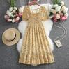 "French Retro Floral Square Neck Puff Sleeve Dress for Petite Women - High Waist, Sweet, Short Spring Style"