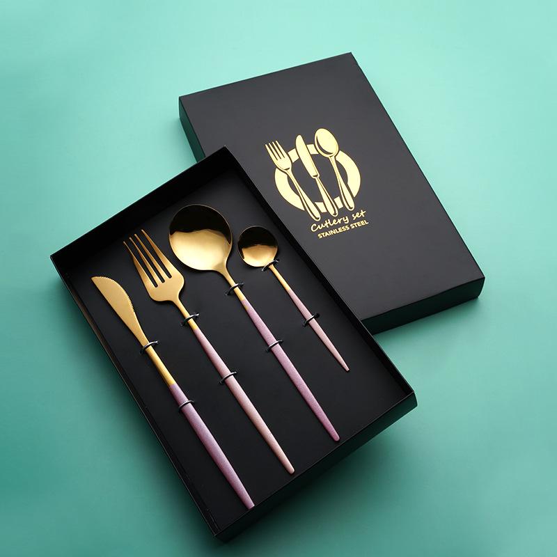 Португальский набор столовых приборов: Нож, вилка, ложка из нержавеющей стали - подарочная коробка для стейков в стиле вестерн из 4 предметов