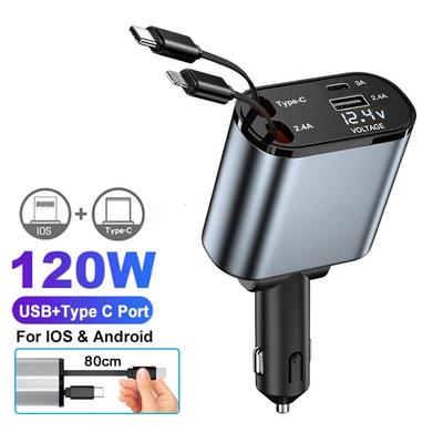 Адаптер автомобильного зарядного устройства 120 Вт, USB Type C, быстрая зарядка с выдвижными шнурами для телефонов iOS и Android
