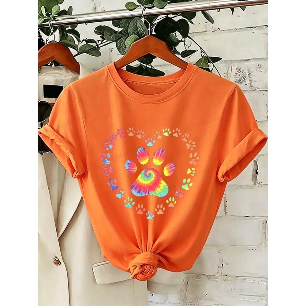 Dog Paw Print Heart Animal Lover T-Shirts Colorful Dog Paw Colorful Dog Paw Shirts Heart Anime Women's T-Shirts Short Sleeve