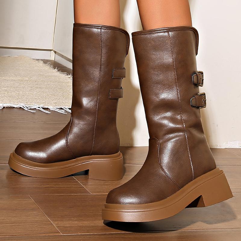 Модные женские сапоги из искусственной кожи на толстом каблуке до середины голени, классические однотонные сапоги на платформе с двойной металлической пряжкой, осенние сапоги с круглым носком Mujer
