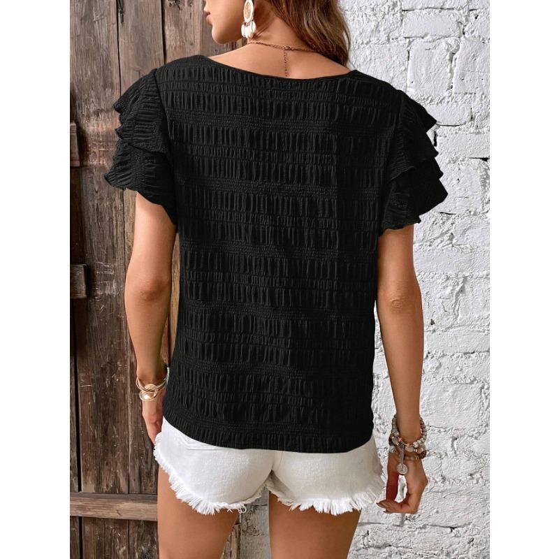 VEZFAA Женские модные повседневные летние весенние однотонные блузки и рубашки с короткими рукавами и круглым вырезом с принтом