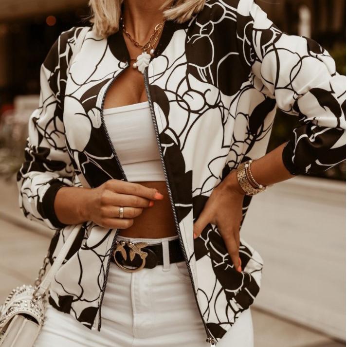 Модная женская куртка с круглым вырезом и молнией с длинными рукавами и принтом, большие размеры