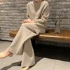 Autumn Winter 2 Pieces Women Sets Knitted Tracksuit O-Neck Split Sweater and Wide Leg Jogging Pants Pullover Suits
