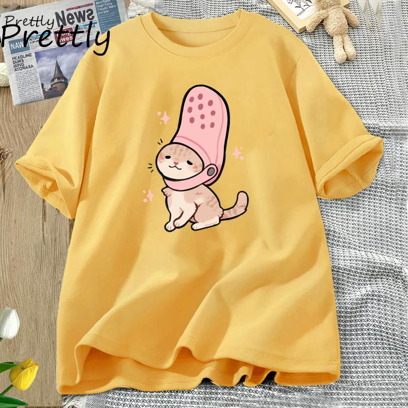 Jibbitz Cat Funny Graphic T Shirts Cute Cat Tshirt Unisex Casual Short Sleeve Round Neck Tee Unisex Cotton T Shirt Woman Clothing