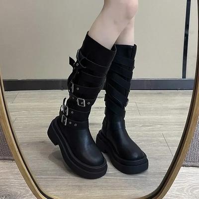 Мода 2024 Модная обувь для женщин Женские ботинки на молнии сбоку Зимние ботинки с круглым носком Однотонные ботинки-чулки на платформе и массивном каблуке Рыцарские ботинки