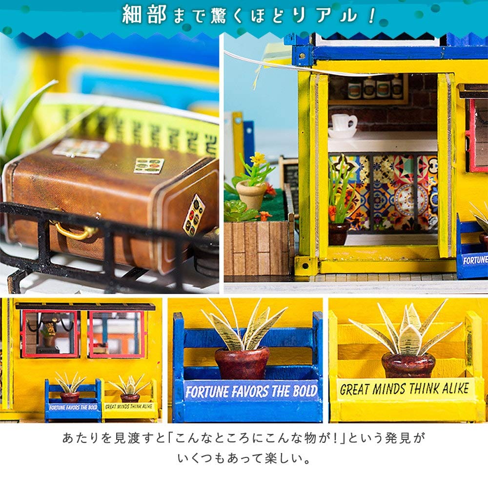 Moin moin Кукольный домик Миниатюрный набор для ручной работы Набор для дня летнего солнцестояния Французское кафе Франция Ретро Синий x Желтый Мобильный Торговый Автомобиль Кухня Машина Средний Размер Светодиод