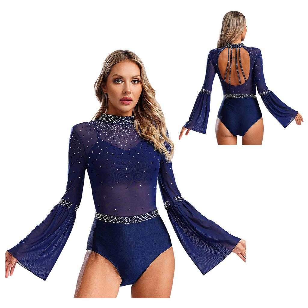 Женская лоскутная расклешенная рукава с открытой спиной, блестящая танцевальная одежда со стразами для гимнастики, джаза, латиноамериканского фигурного катания, балета