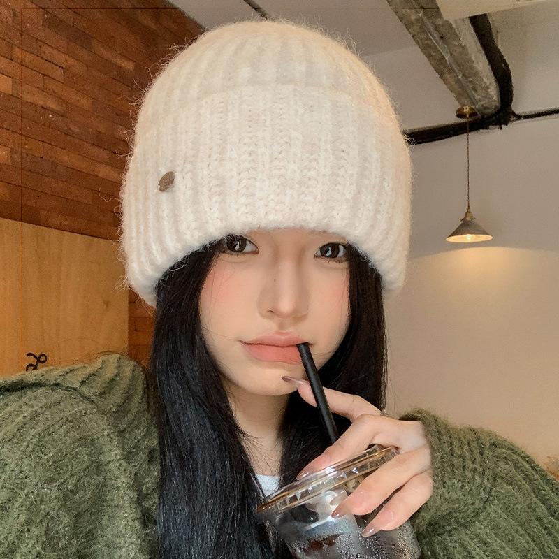 Синяя шерстяная шапка женская осенне-зимняя универсальная для лица маленькая вязаная шапка большой окружности головы зимняя теплая шапка с защитой ушей