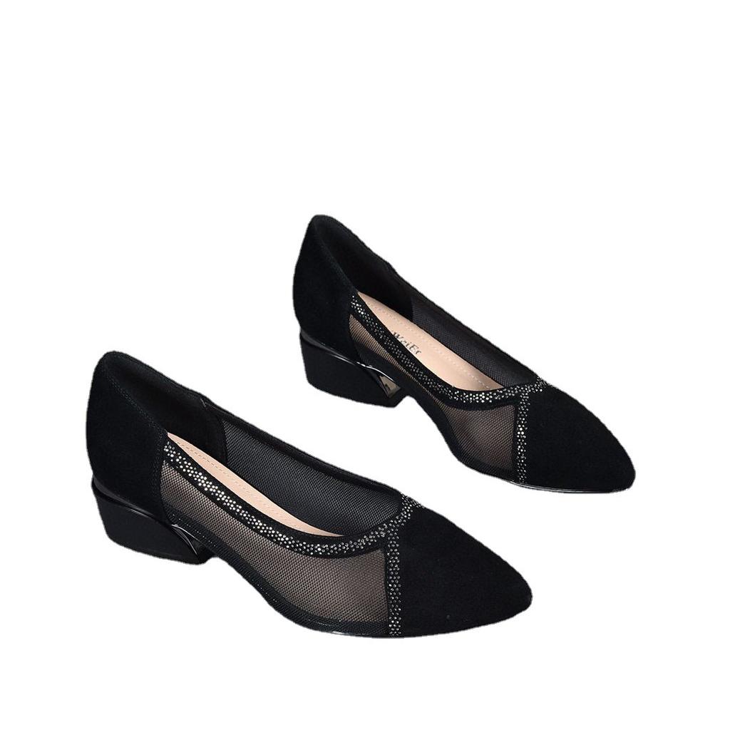 Весенне-осенние новые сетчатые туфли-лодочки черная овчина стразы женские туфли с острым носком на плоской подошве на шпильке