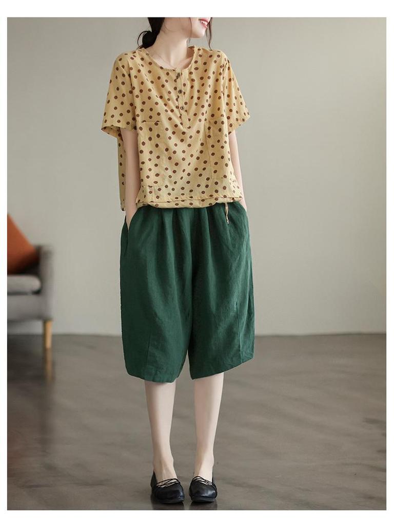 В наличии: Женские летние ретро хлопково-льняные брюки - Эластичная талия, Дизайн пять точек, Большой размер, Повседневный стиль