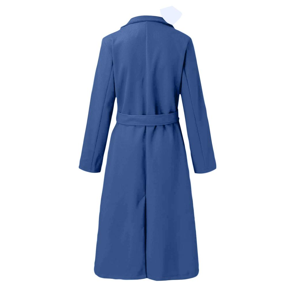 Women's Winter Woolen Coat Elegant Lapel Trench Coat Solid Color Long Jacket Work Tie Long Coat