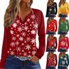 Women's Fashion Casual Christmas Print V-Neck Raglan Sleeves With Decorative Buttons Long Sleeved T-Shirt Top