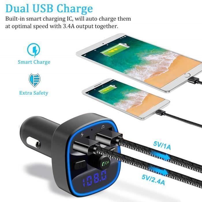 Transmetteur FM Bluetooth, Bluetooth Lecteur MP3 Adaptateur Radio sans Fil Kit Émetteur FM Voiture Chargeur (Noir)