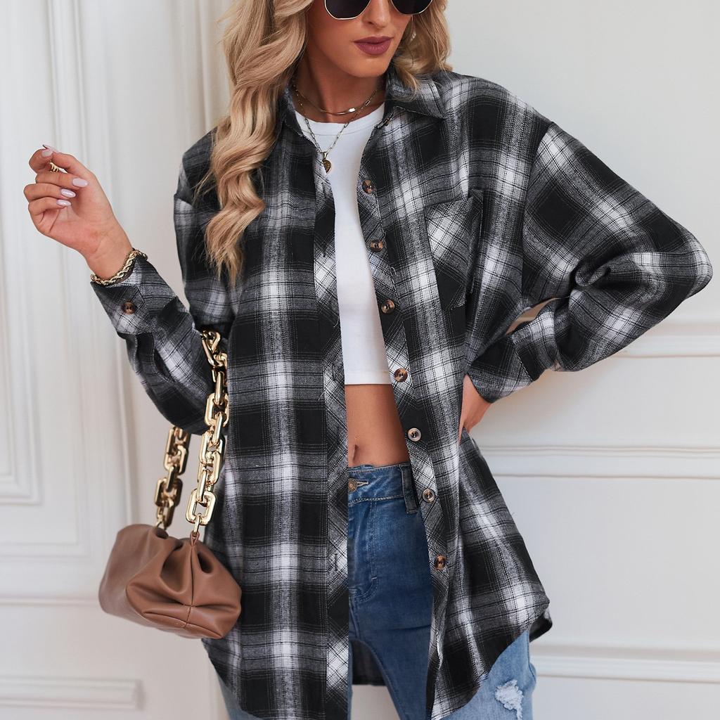 HNXC Женская мода, повседневные летние клетчатые блузки и рубашки с длинными рукавами и воротником-поло, кардиган