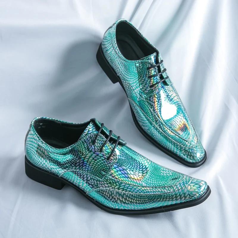 New Men Bright PU Printing Fashion Shoes Low Top Business British Casual Shoes Lace Up Classic Large Sizes 37-46 Men Shoes