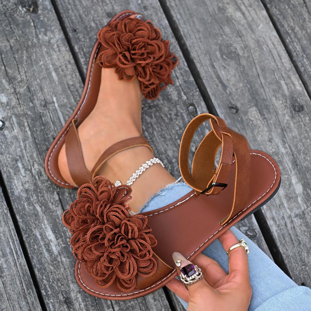 Fashion Elegant Flower Flat Sandals for Women 2025 Summer New Voyeur Women Pump Silk Shallow Ankle Buckle Sandals Shoes for Women