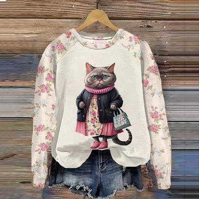 Хлопковые футболки с длинными рукавами для женщин, забавные кавайные толстовки с принтом кота и животных, женский милый пуловер с круглым вырезом, женский свитшот