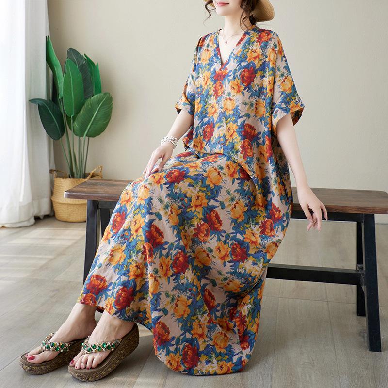 Летнее платье с V-образным вырезом из хлопка и льна свободного кроя