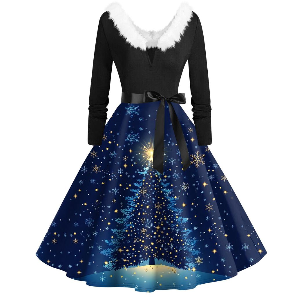 Women's Casual And Fashionable Long Sleeved V-neck Christmas Print Matching Zipper Dress