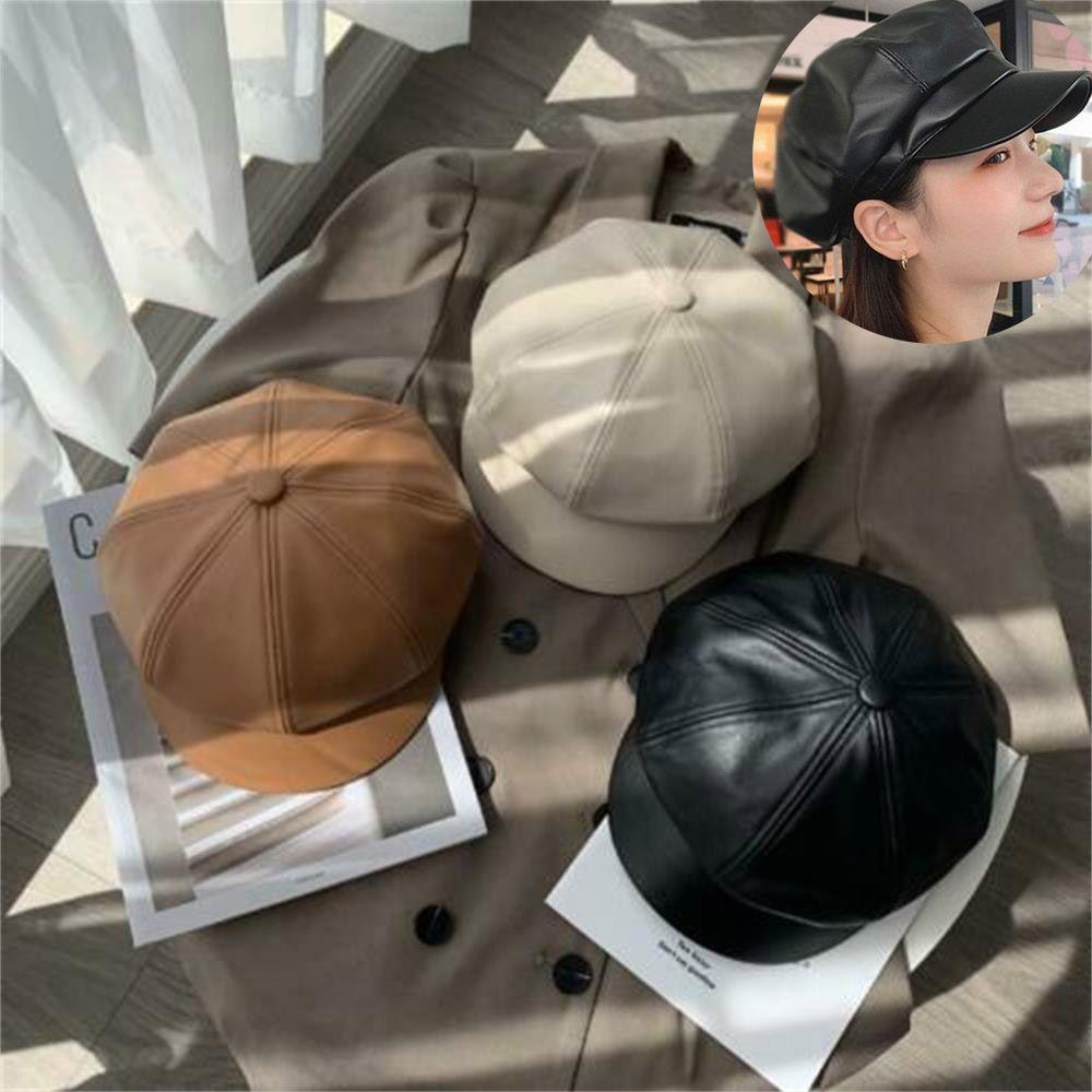 Ladies Women Girls PU Leather Solid Color Octagonal Beret Hat Newsboy Hat Peaked Cap Newsboy Cap
