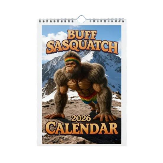Календарь на стену 2026 Смешной календарь фитнеса Сасквотча 12-месячный календарь Юмористический подарок-прикол на спортивную тематику для мужчин, поклонников криптидов, любителей фитнеса