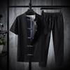 Ice Silk Summer Men's Cotton Linen T-Shirt & Long Pants Set - Casual Solid Color, Plus Size Available